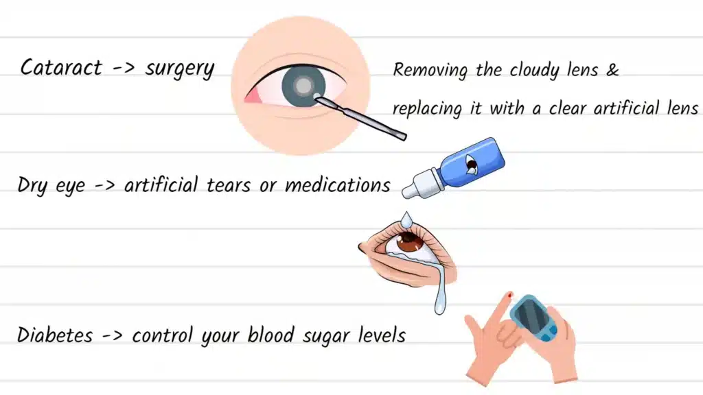 Treatment for Blurred vision cataract dry eye and diabetes